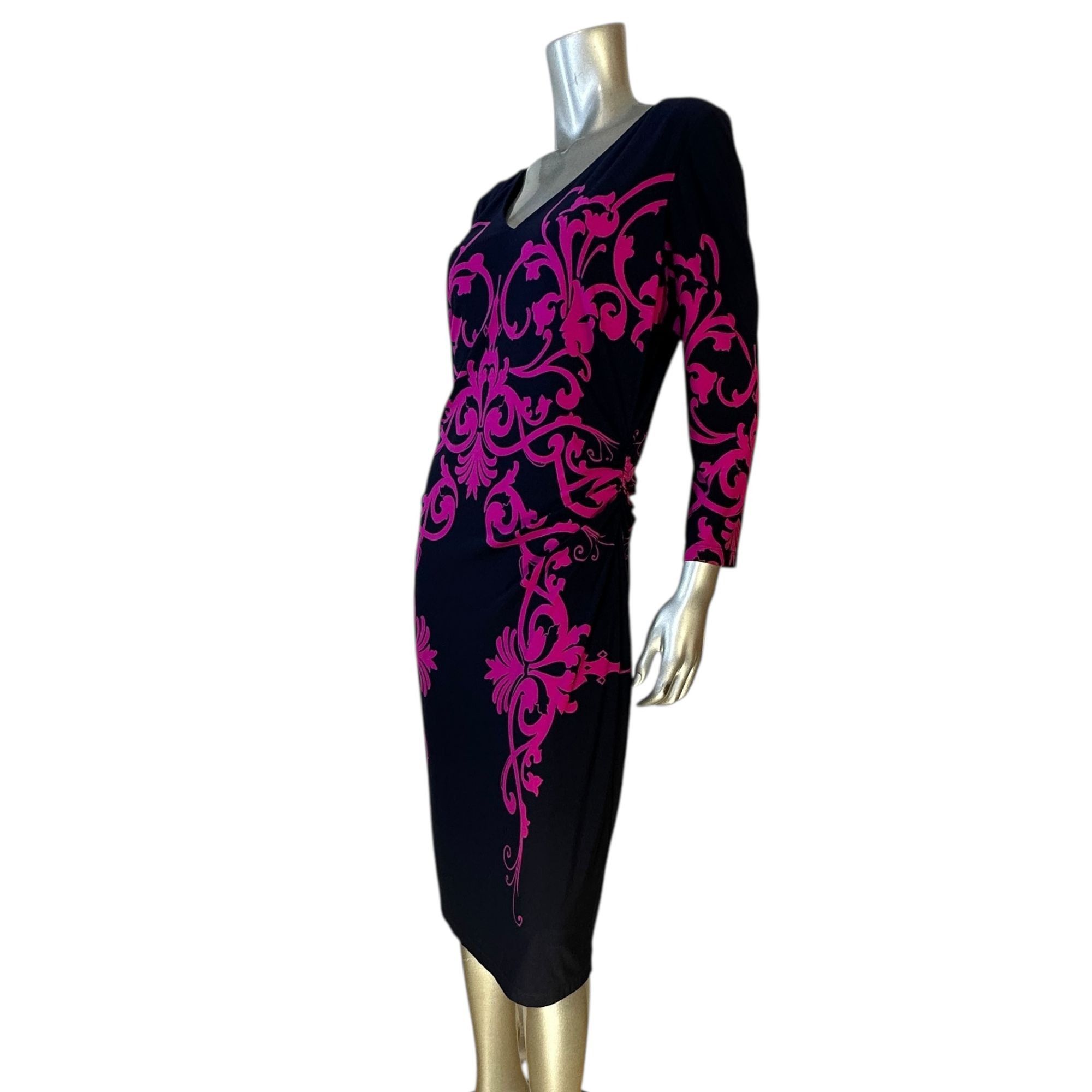 Other David Meister Black & Pink Scroll Print Midi DressV-Neck 3/4 Size XL / US 12-14 / IT 48-50 - 4 Thumbnail