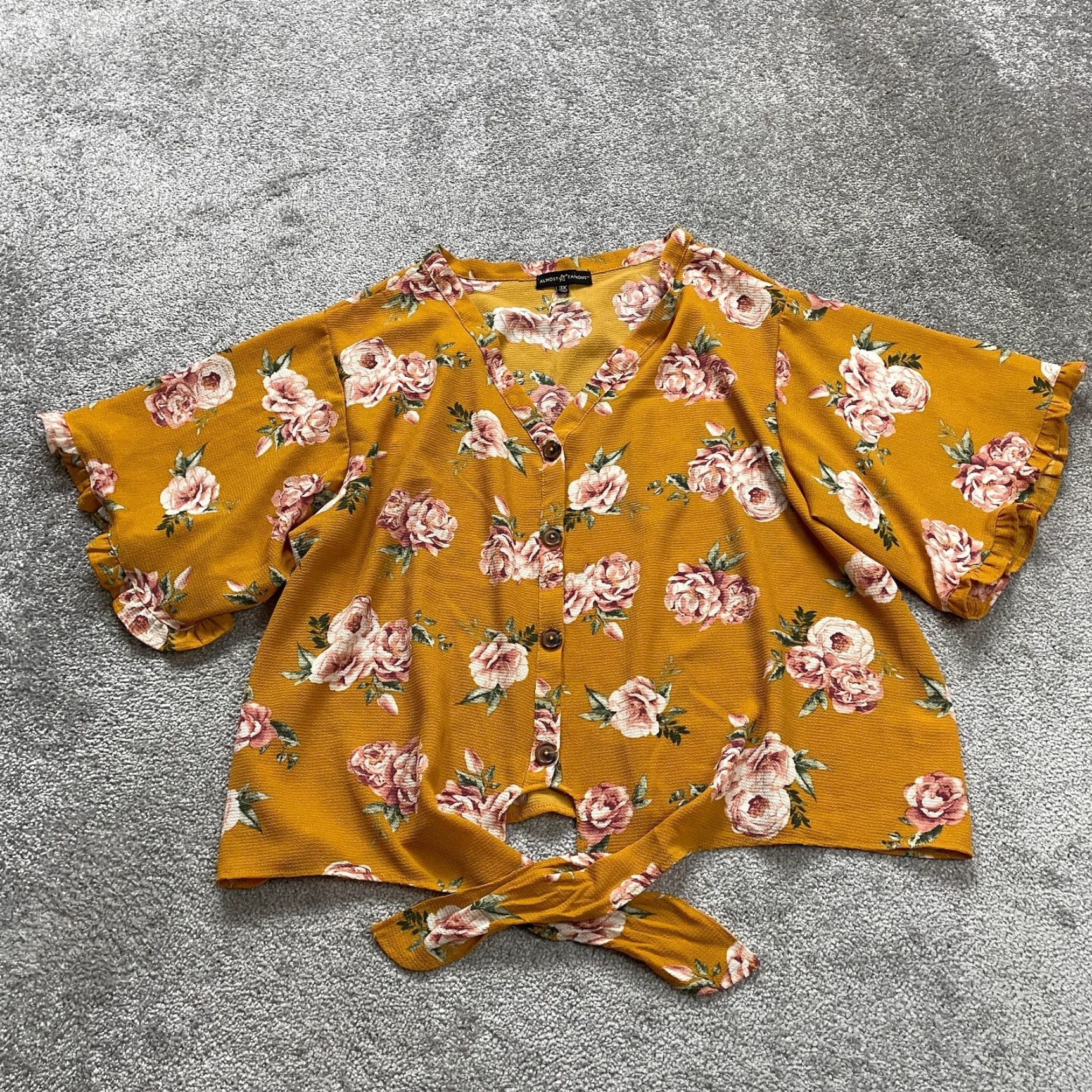 Almost Famous Almost & Famous Blouse Womens 3XL Mustard Floral Front Tie Short Sleeve Casual Size XXL / US 16-18 / IT 52-54 - 2 Thumbnail