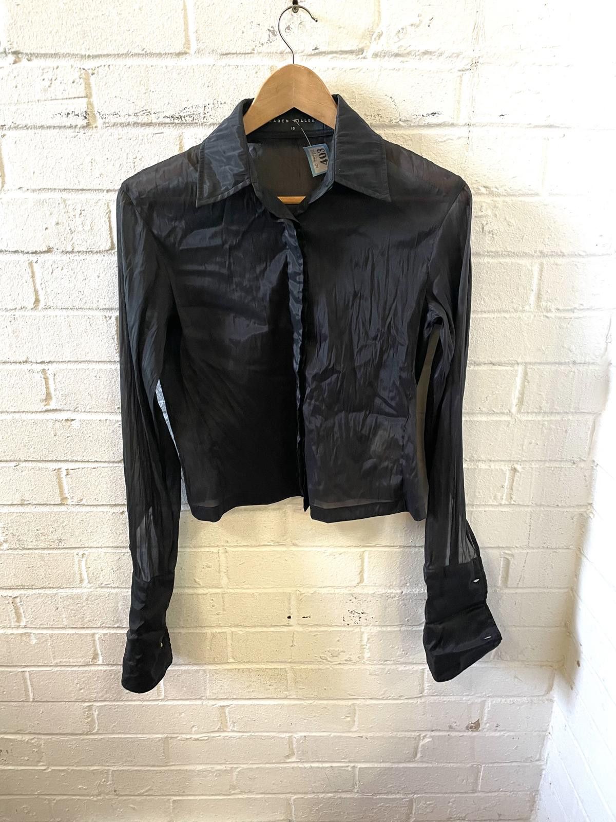 Designer Karen Millen Black Satin Long Sleeve Shirt Size 10 Size L / US 10 / IT 46 - 1 Thumbnail