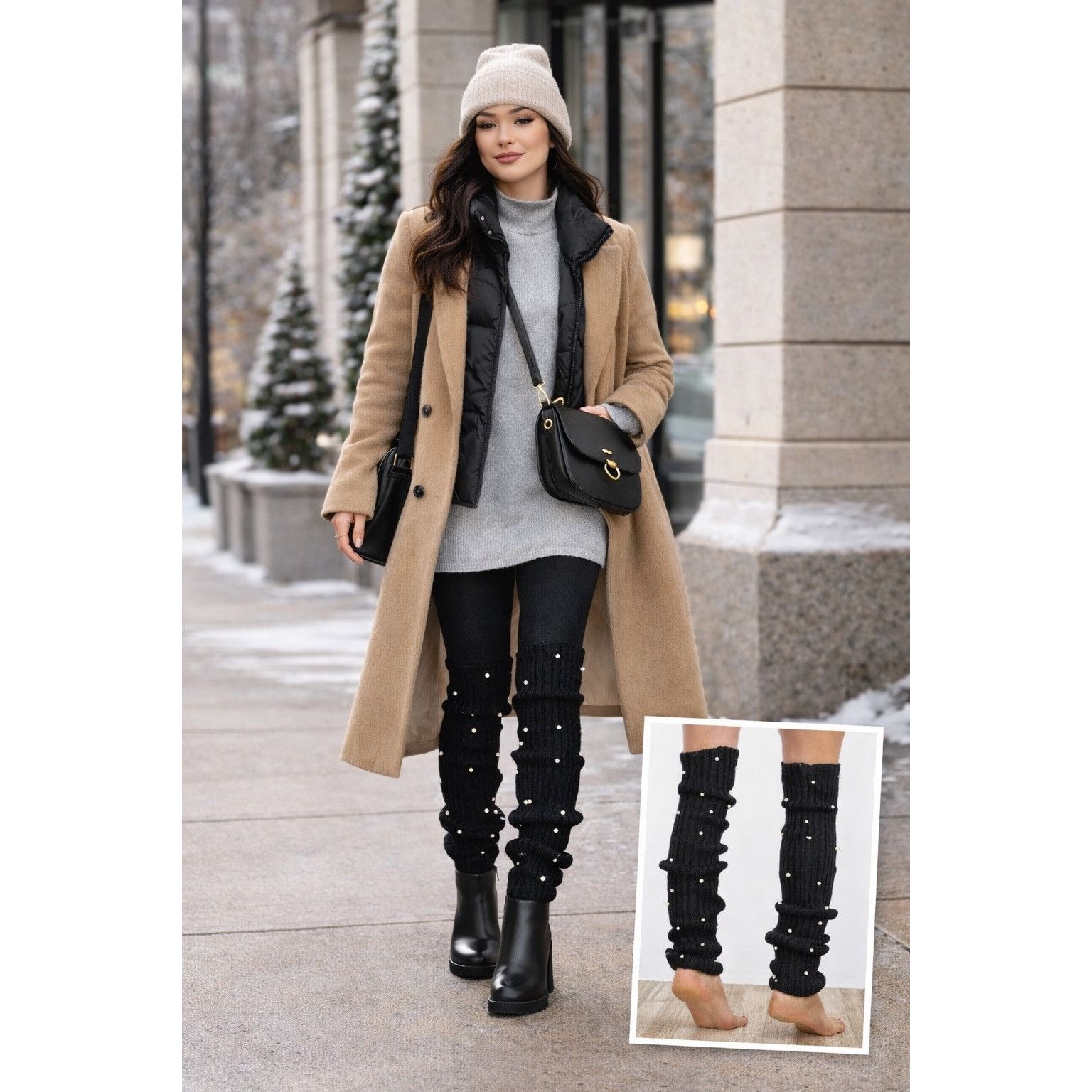 Other Pearl Studded Leg Warmers - Black Ribbed Knit - One Size Size ONE SIZE - 1 Thumbnail