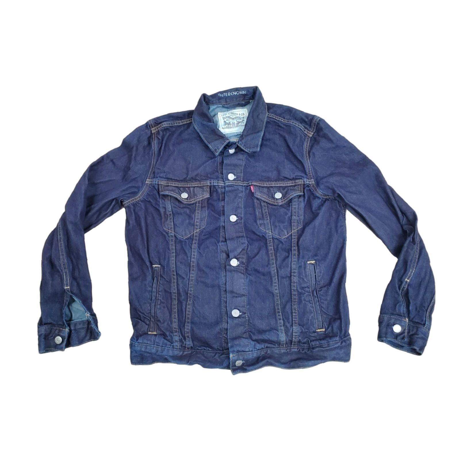Levi's VINTAGE Levis x Outerknown Wellthread Jacket Womens M Blue Denim Jean Coat Trucker Size 32" / US 10 / IT 46 - 1 Thumbnail