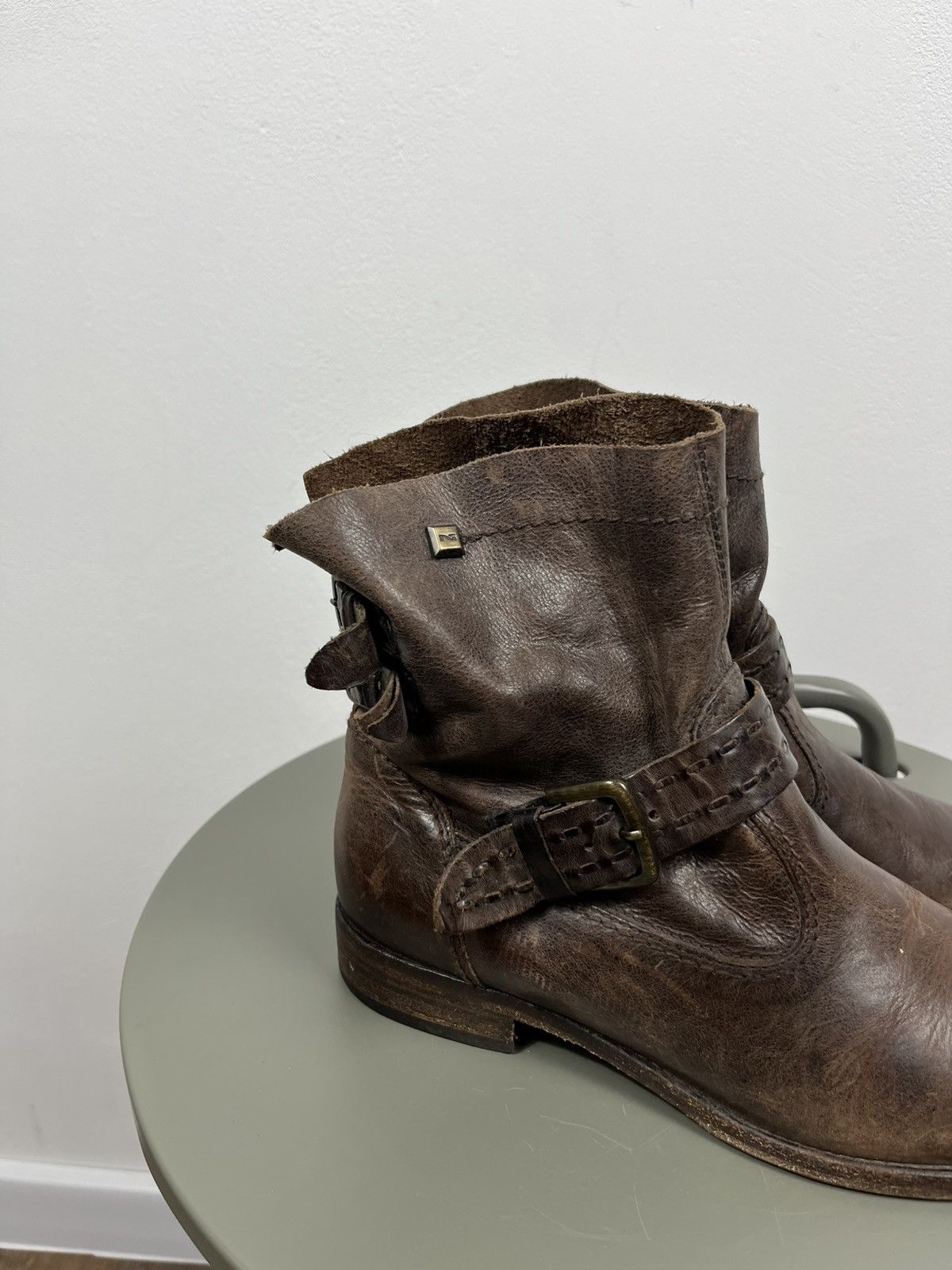 Leather Distressed Brown Leather Biker Ankle Boots Buckle Strap 38 Size US 7 / IT 37 - 2 Thumbnail