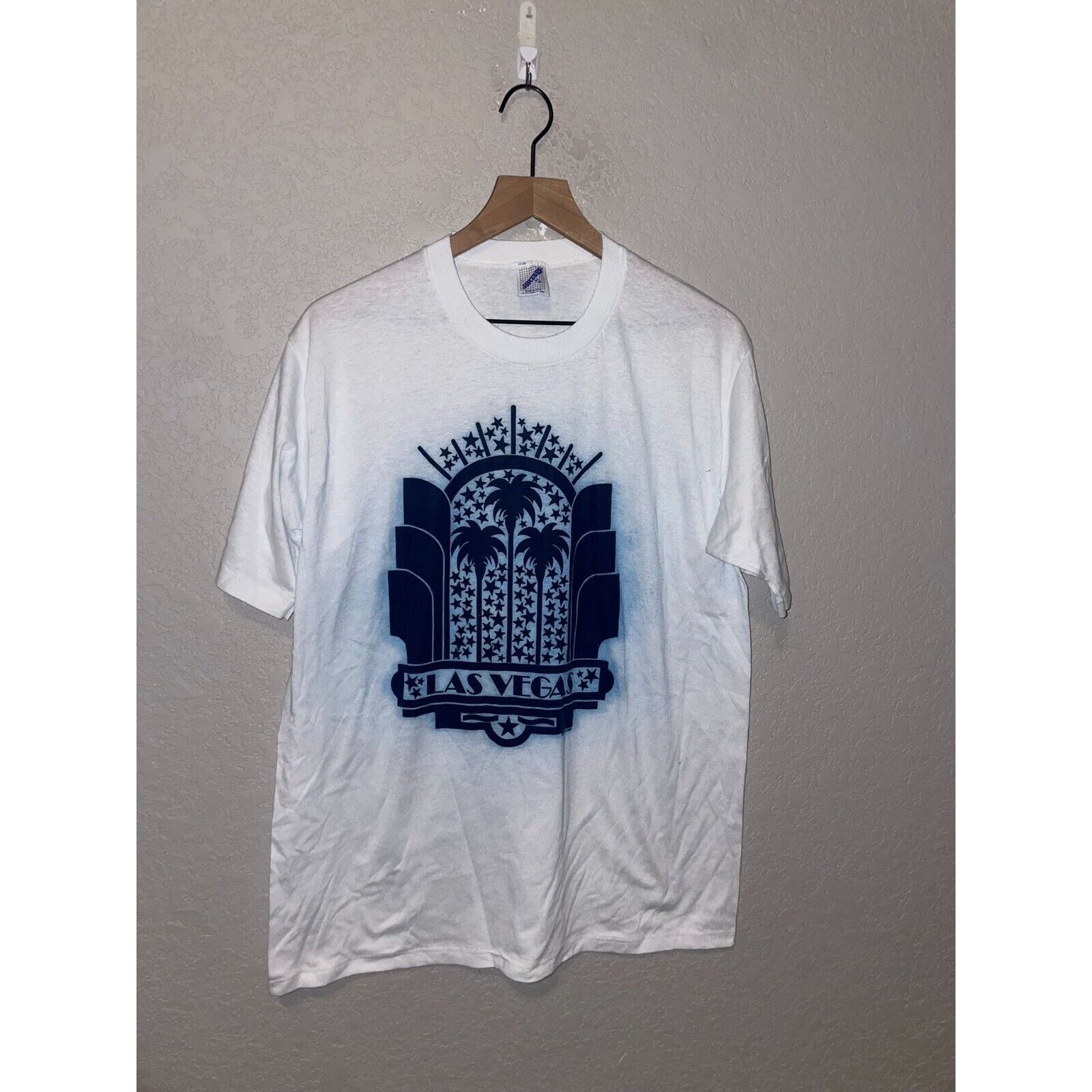 Jerzees 1990 Las Vegas NV Palm Tree Graphic Blue White Shirt VTG 90s Size US XL / EU 56 / 4 - 1 Thumbnail