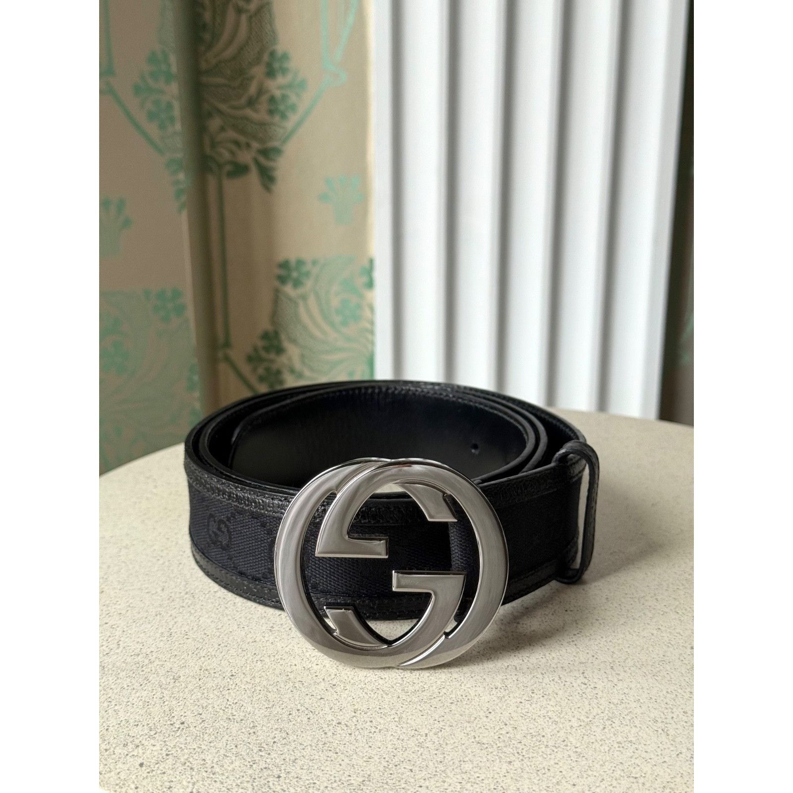 Gucci Monogram Canvas Leather Interlocking GG Black Belt Siz