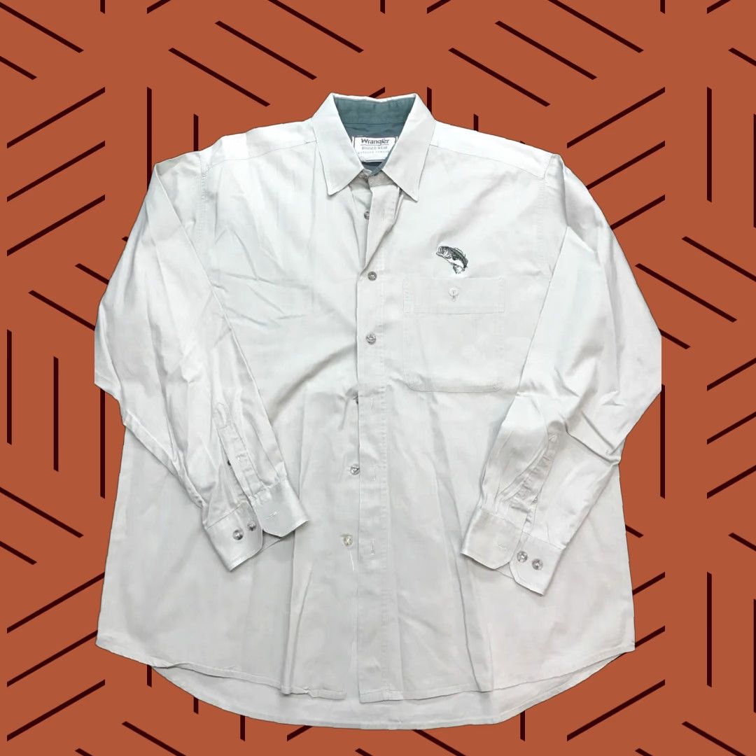 VINTAGE Wrangler Shirt Largemouth Bass Embroidered Khaki 2XL Tall Cotton Blend Long Sleeve Mens Shirt 2XLT Beige Rockabilly 1990s