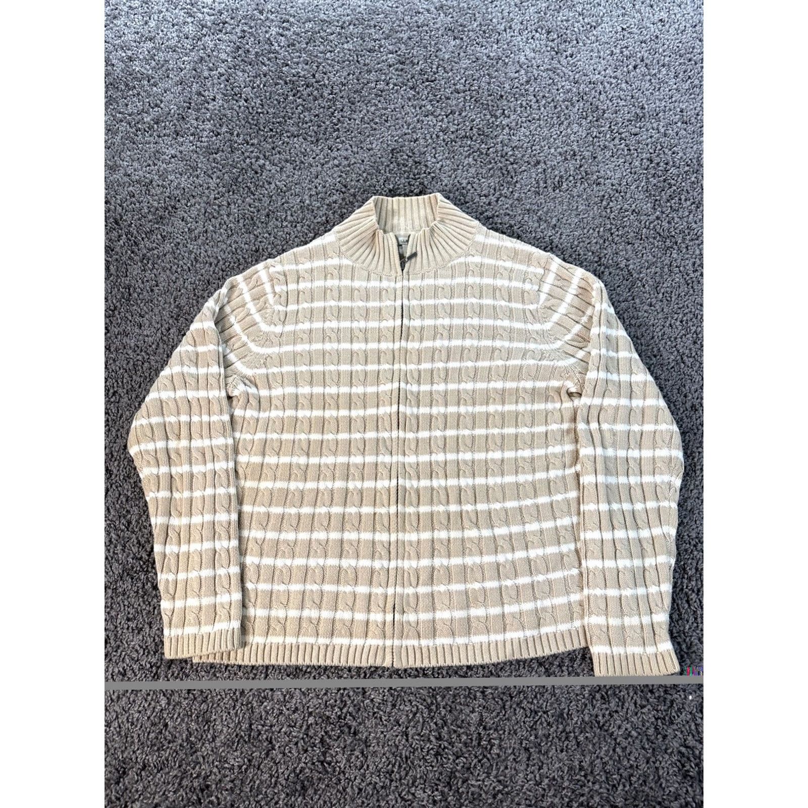 Vintage LL Bean Sweater Womens XL Cardigan Cable-Knit Striped Zip Mock Neck Fisherman Full Zip Size XL / US 12-14 / IT 48-50 - 2 Thumbnail