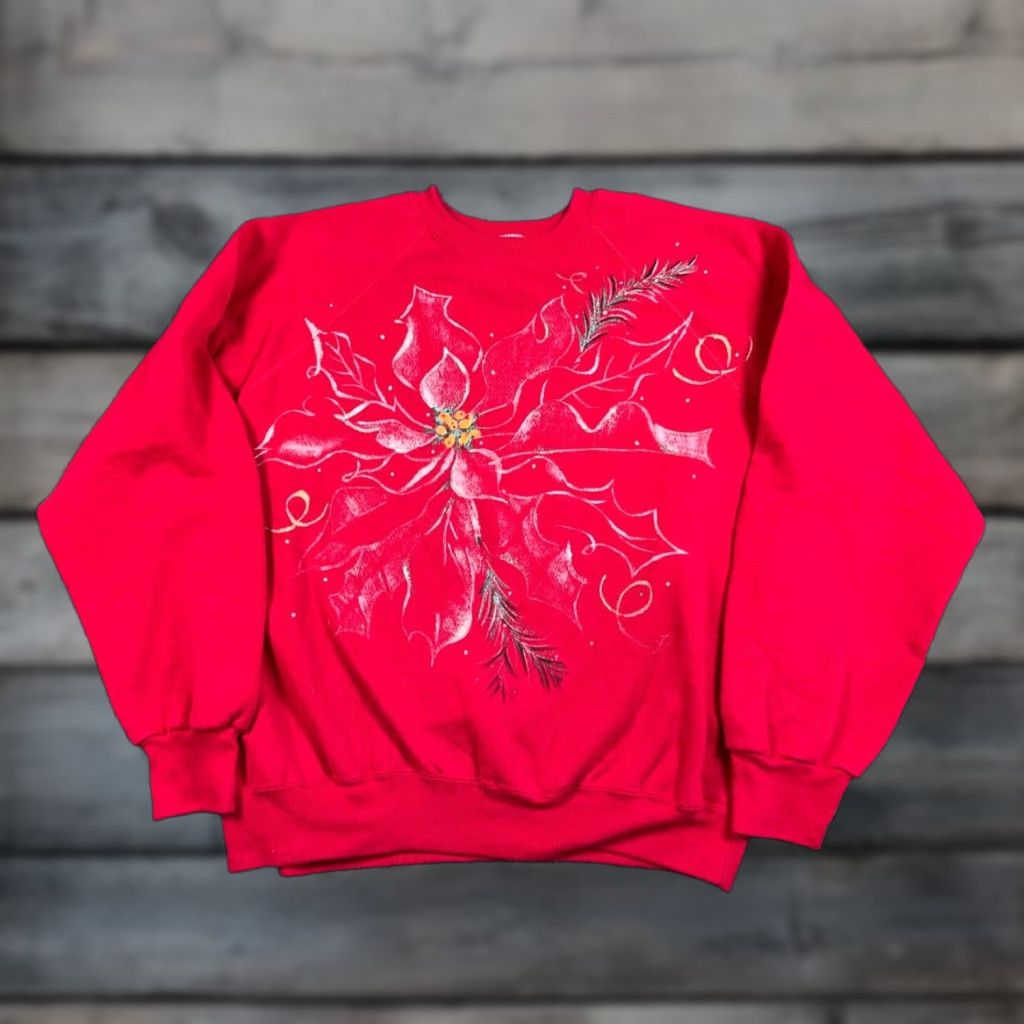Vintage VINTAGE 80s Christmas Poinsettia Sweatshirt Women's 2X Red Bassett-Walker Tag Pullover Raglan Crew Neck Holiday Size XXL / US 16-18 / IT 52-54 - 1 Thumbnail
