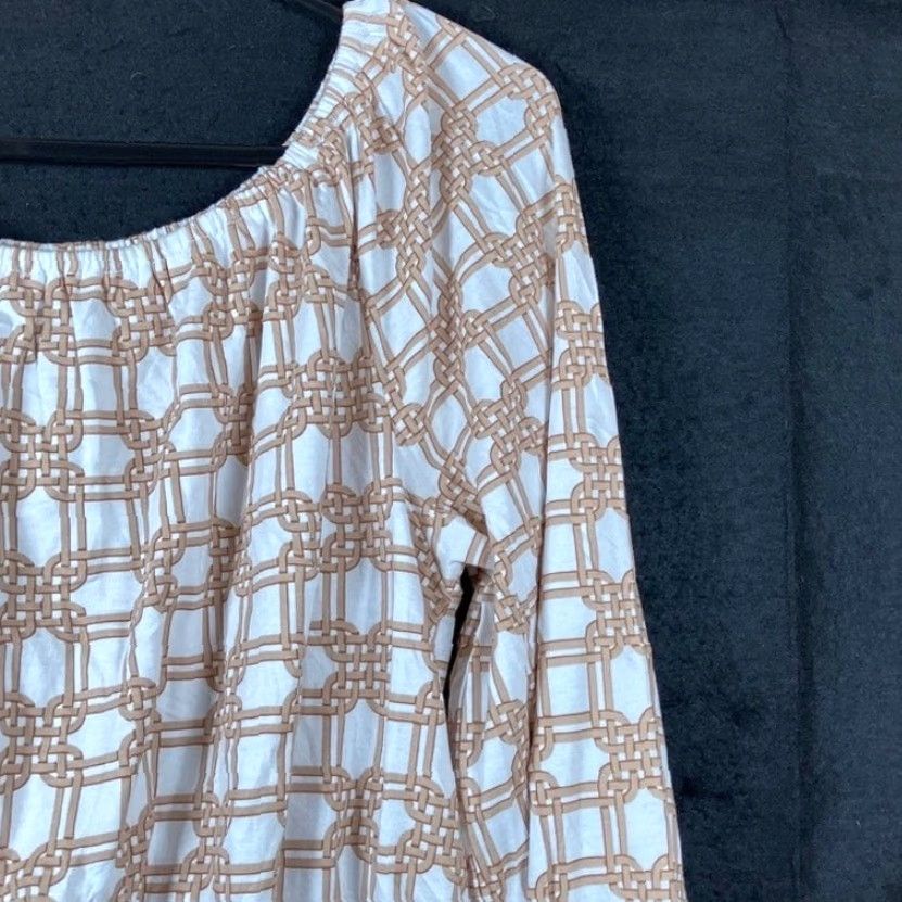 Ann Taylor Ann Taylor LOFT Blouse White Tan Rattan Print Smocked Peplum Long Sleeve M Womens Shirt Men/Womens? Size M / US 6-8 / IT 42-44 - 5 Thumbnail