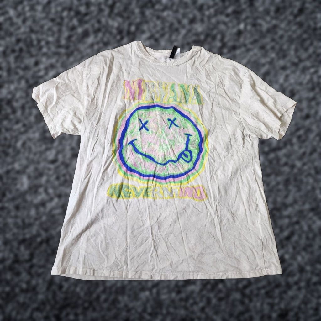 H&M Nirvana Smiley Face Rainbow Graphic T Shirt H&M Mens Medium Beige Cotton Size US M / EU 48-50 / 2 - 1 Thumbnail