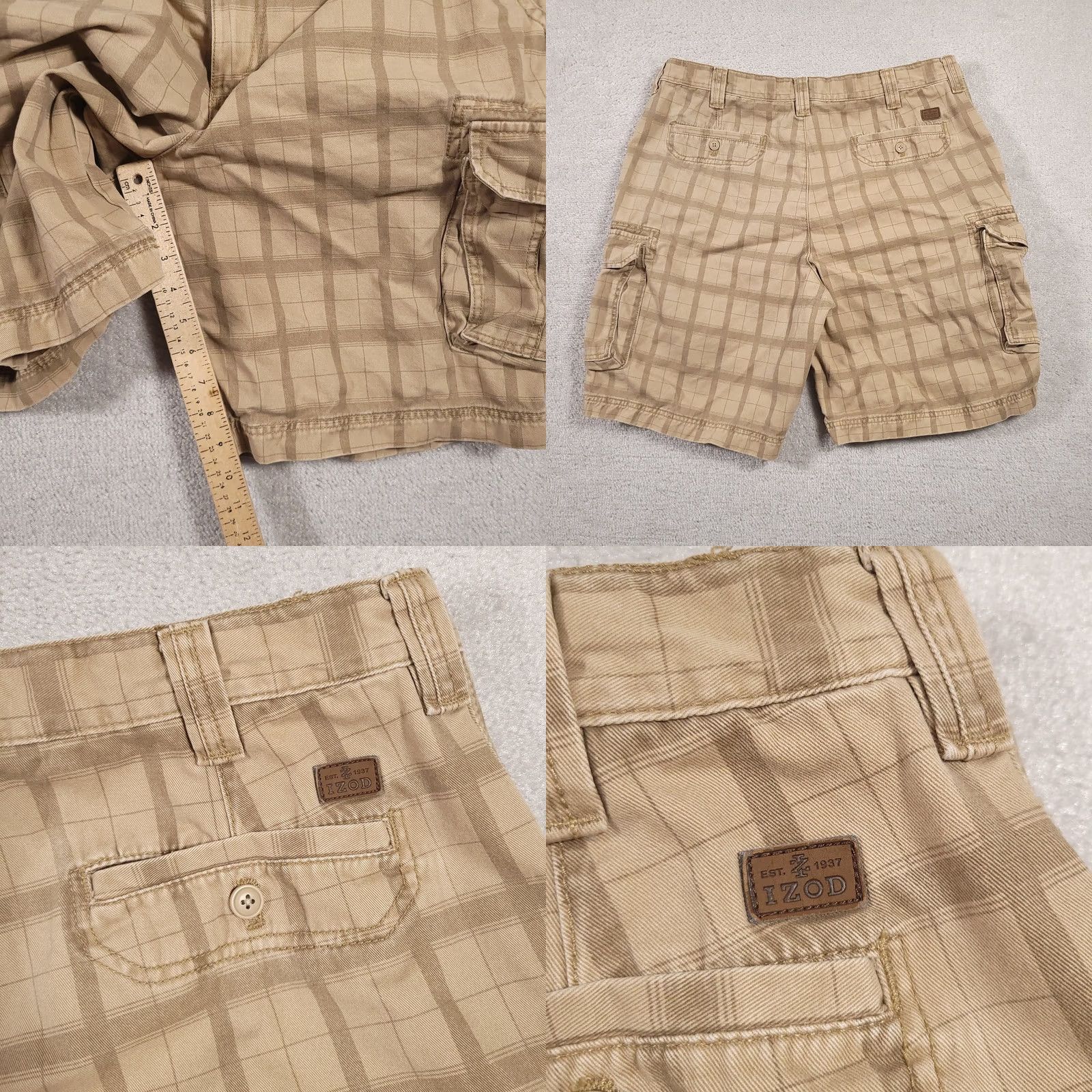 Izod VINTAGE Izod Cargo Shorts Mens 38 Tan Check Flat Front 90s Mens Regular 100% Cotton Beige Pocket Zipper Button Casual Travel Summer Spring Fall Size US 38 / EU 54 - 8 Thumbnail