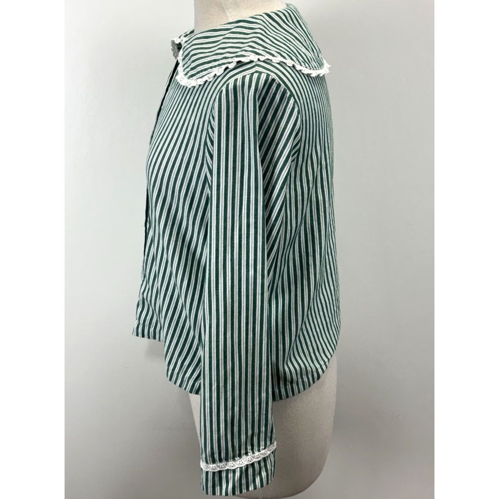 Vintage Rachel Ashwell Pajama Set Women’s S Green Stripe Eyelet Trim Cottage Core 2 Pc Threaded Cotton Shirt Button Collared Long Sleeve Adults Womens Size ONE SIZE - 3 Thumbnail