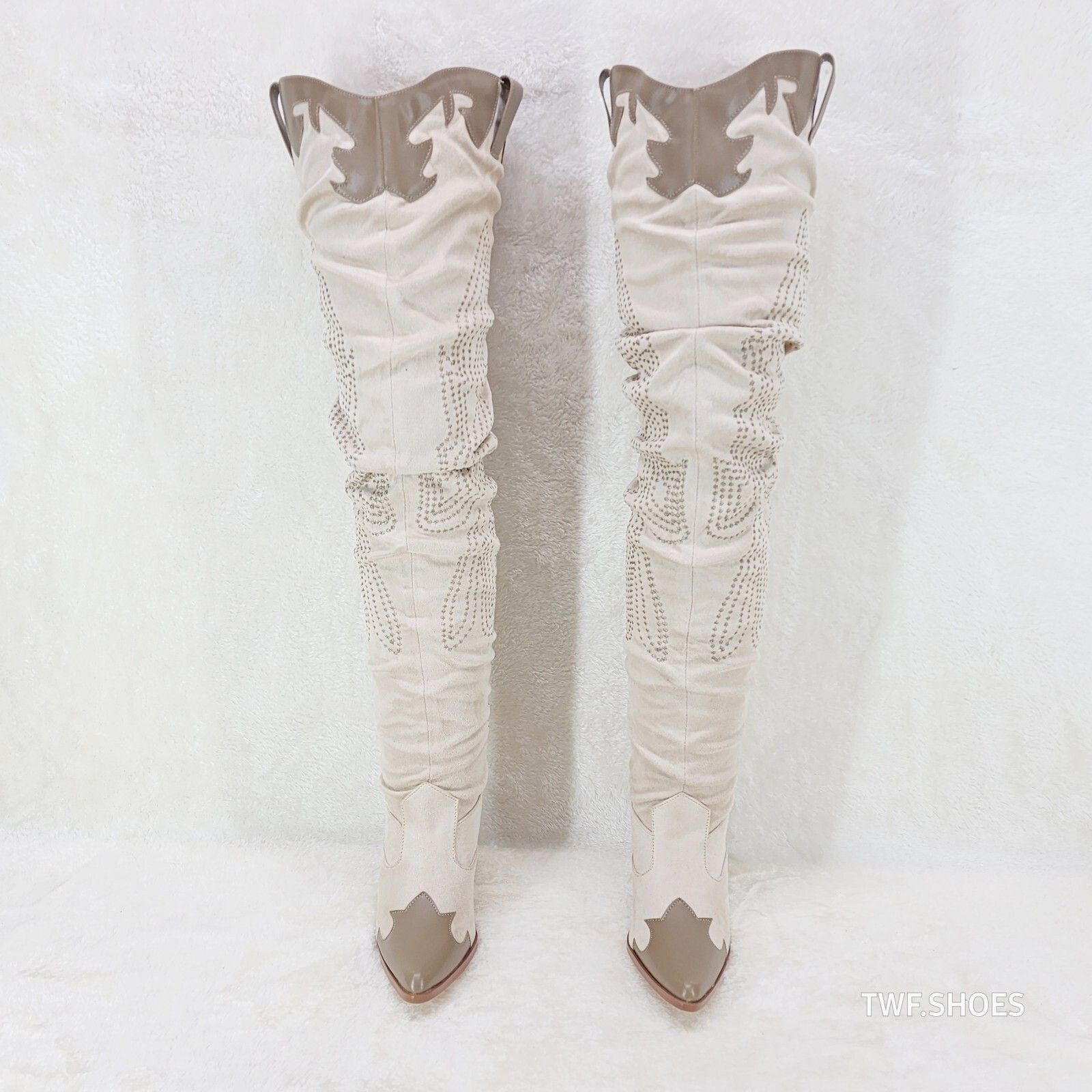 Other Iconic Country Western Thigh high Cowgirl Boots Cream Taupe Size US 8 / IT 38 - 6 Thumbnail