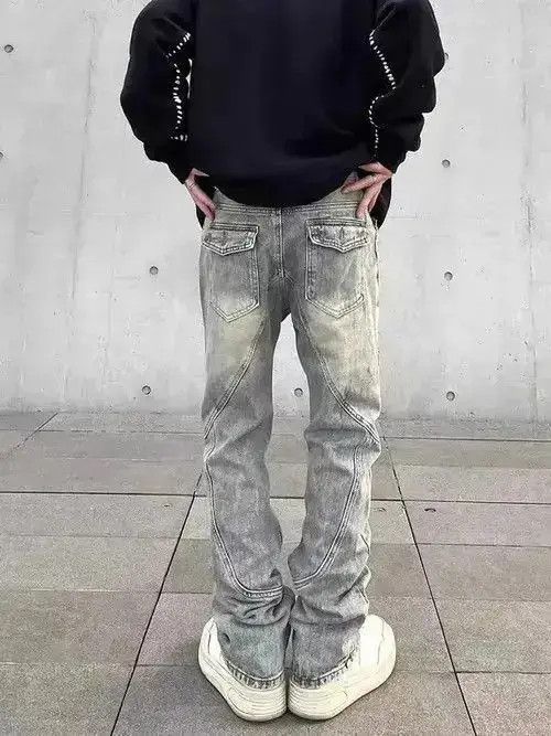 Japanese Brand Retro distressed yellow mud-dyed straight-leg zipper jeans Size US 32 / EU 48 - 3 Thumbnail