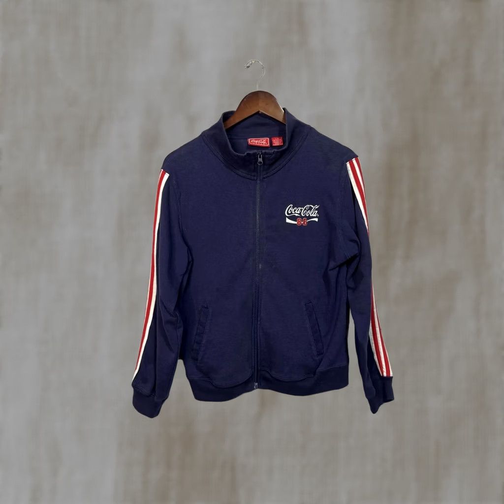 Vintage Coca-Cola Women’s Navy Blue Track Jacket with Red and White Stripe Detail Hoodie Zip Front Womens L Size L / US 10 / IT 46 - 1 Thumbnail
