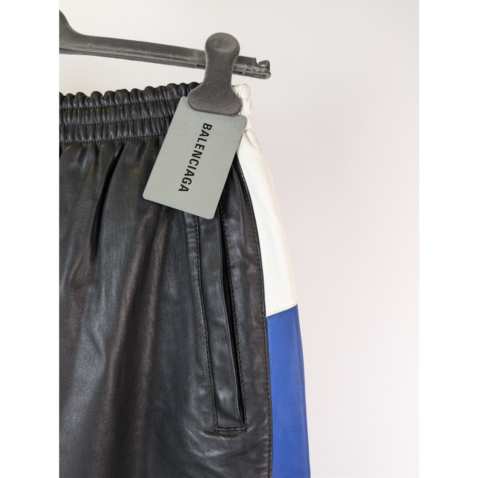 Balenciaga o1rshd1 Smooth Soft Leather Tracksuit Pants Black/Blue/White Size US 30 / EU 46 - 4 Thumbnail