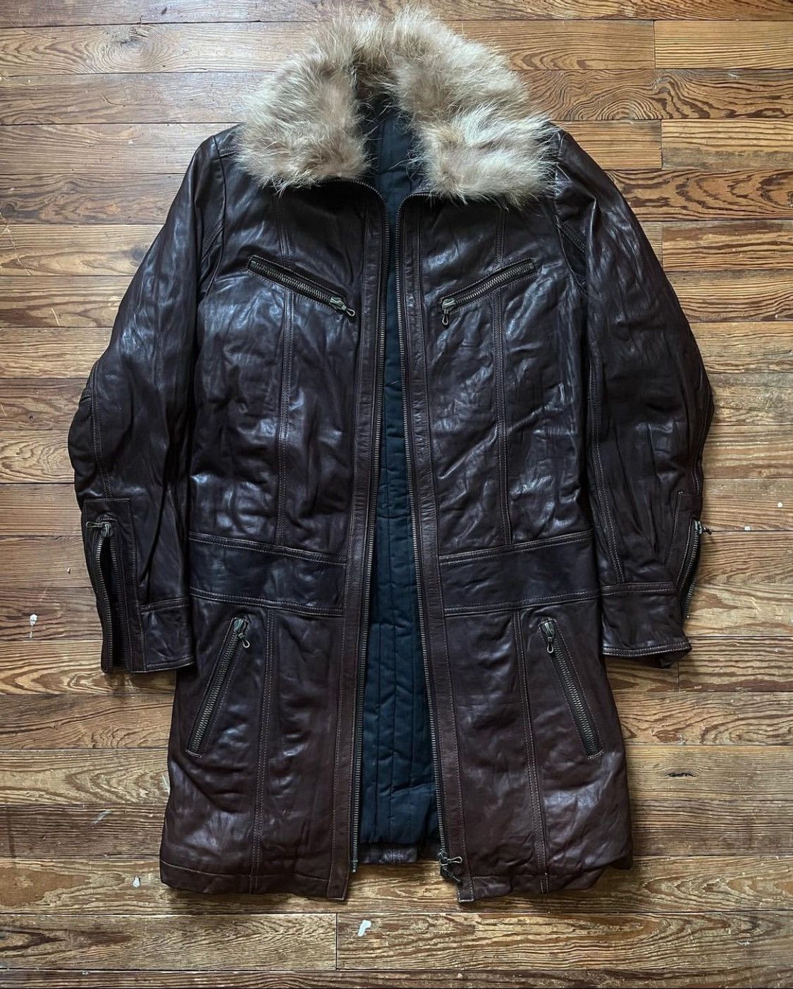 image of Shellac Fur Collar Leather Jacket in Brown, Men's (Size Medium)