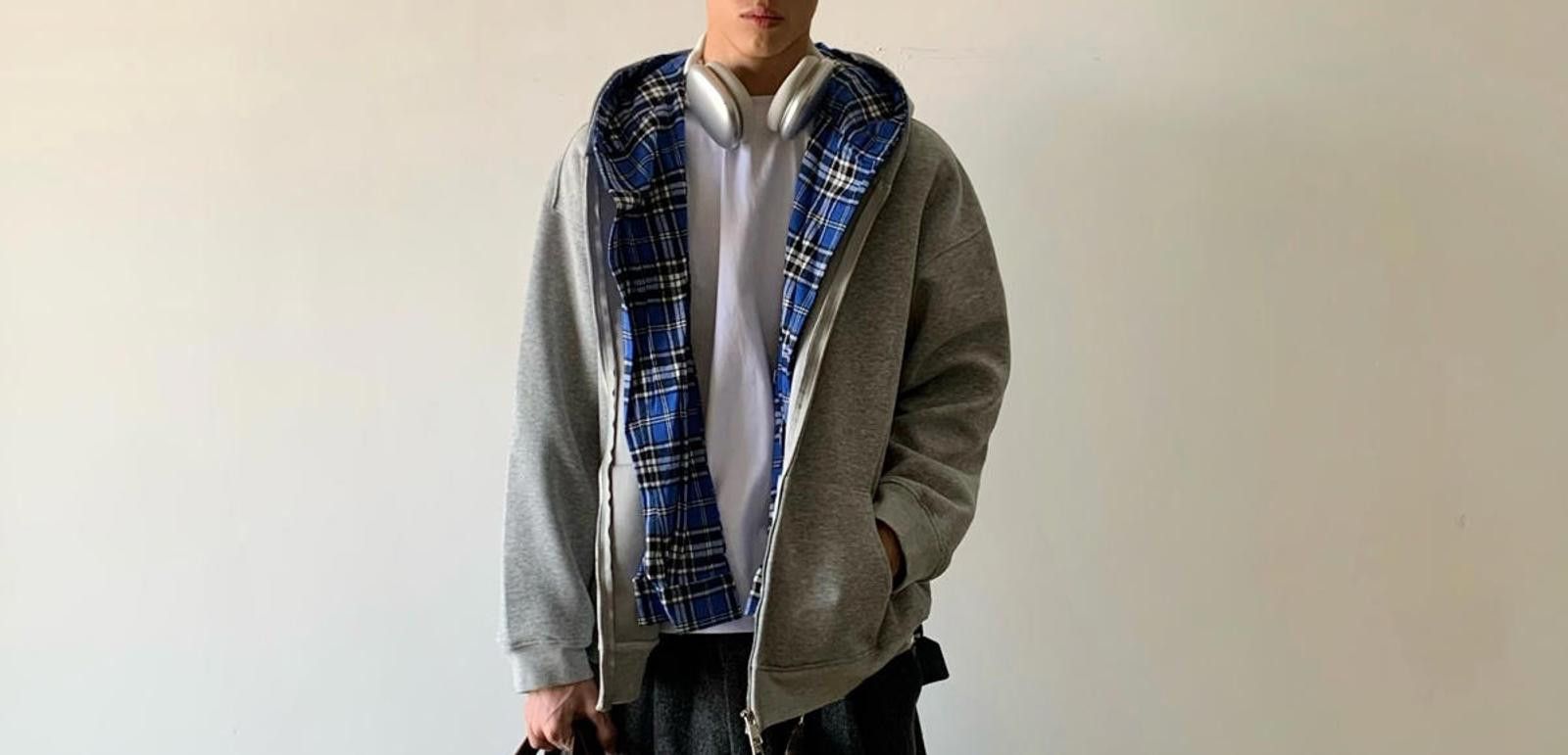 Vintage Grey Hoodie with Plaid Lining Size US M / EU 48-50 / 2 - 1 Thumbnail