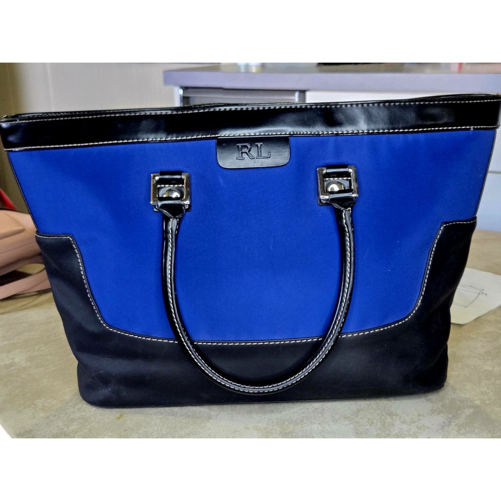 Vintage Ralp Lauren royal blue with black leather handbag.