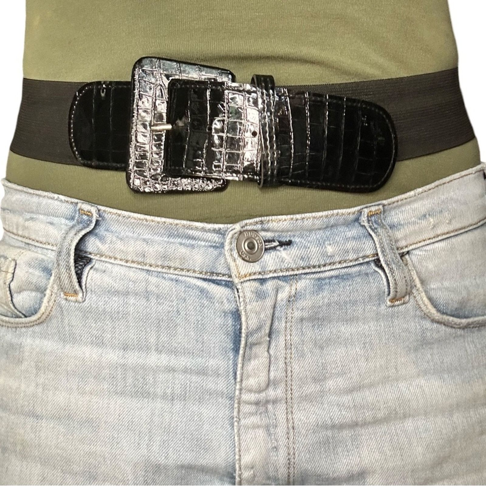 Vintage Vintage 80’s Black Faux Croc Shiny Buckle Stretch Belt Size ONE SIZE - 3 Thumbnail