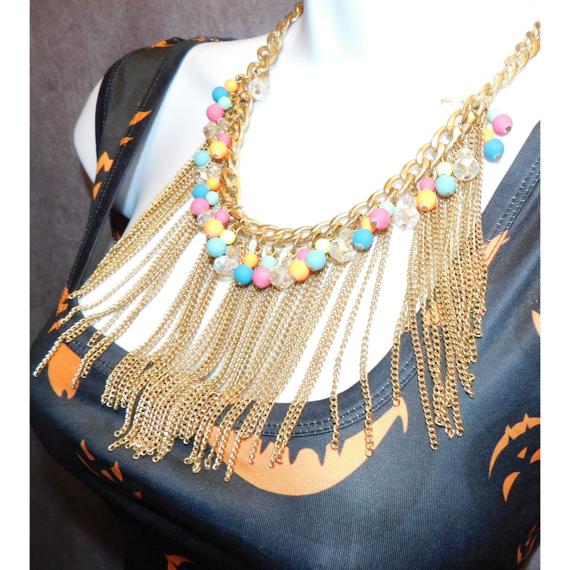 Other Neon 80s Beaded Gold Tone Chain Fringe Necklace Size ONE SIZE - 6 Thumbnail
