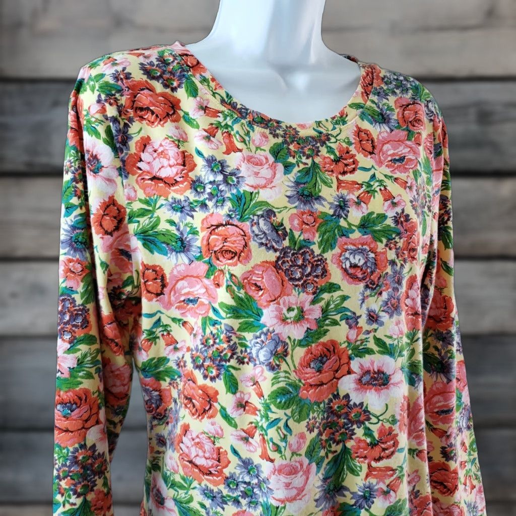Vintage J. Peterman Womens Long Sleeve Top Sz Small Pink Floral Cotton Blend T-Shirt Size S / US 4 / IT 40 - 1 Thumbnail