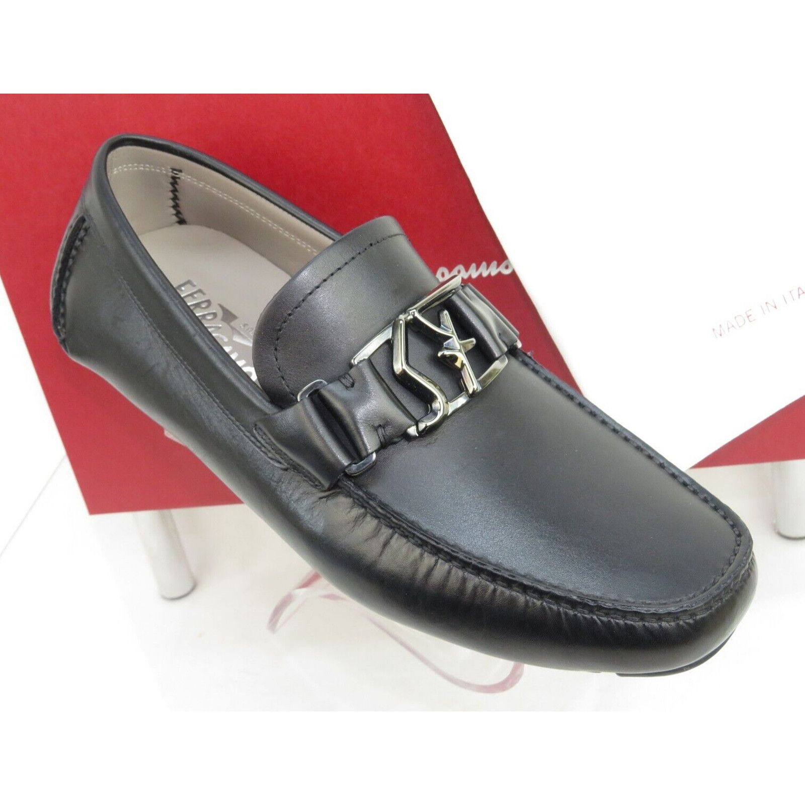 image of Salvatore Ferragamo Peter Black Leather Sf Buckle Moccasin Driving Loafers 8 Ee, Men's