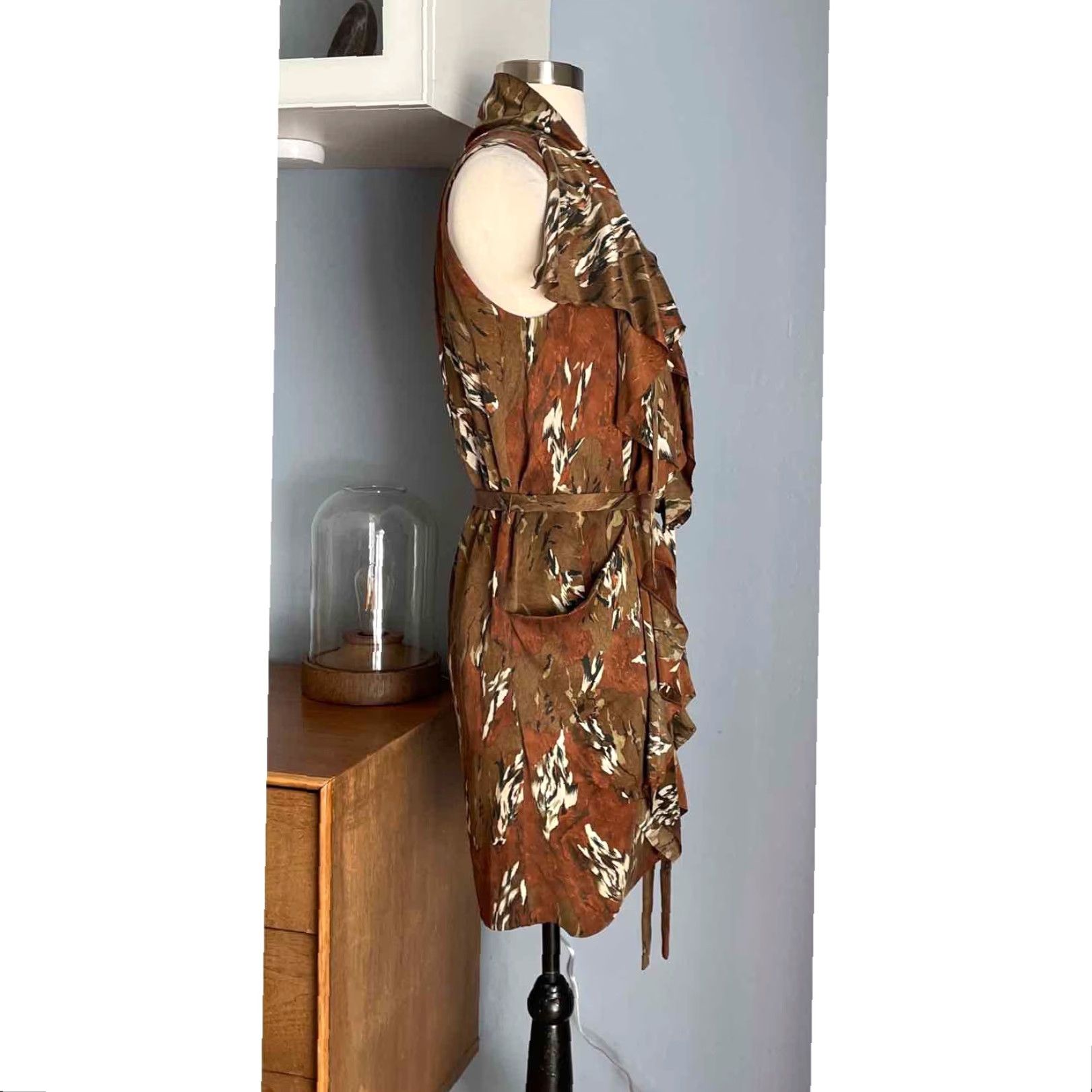 Vintage EDUN Silk Marbled Brown Green Ruffle Overlay Dress Size S Button Front Sleeveless Zip Party/Cocktail Womens Size S / US 4 / IT 40 - 3 Thumbnail