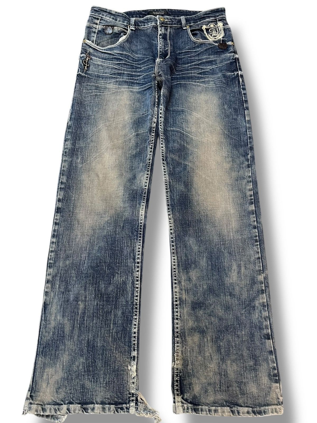 14th Addiction × Sean John Sean John Mudwash Embroidery Trompe L’oeil Denim Size US 33 - 2 Thumbnail