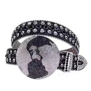 Japanese Brand y2k black white studded rhinestone leather belt Size 34 - 4 Thumbnail