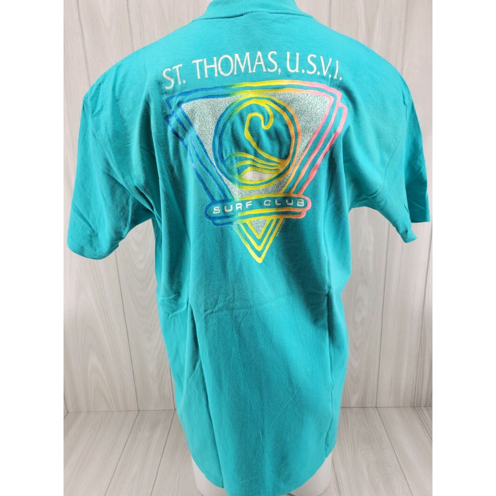 Vintage VINTAGE 1988 St. Thomas Surf Club Shirt XL Green 80s Surfwear Men T-Shirt Single Stitch Mens Size US XL / EU 56 / 4 - 2 Thumbnail