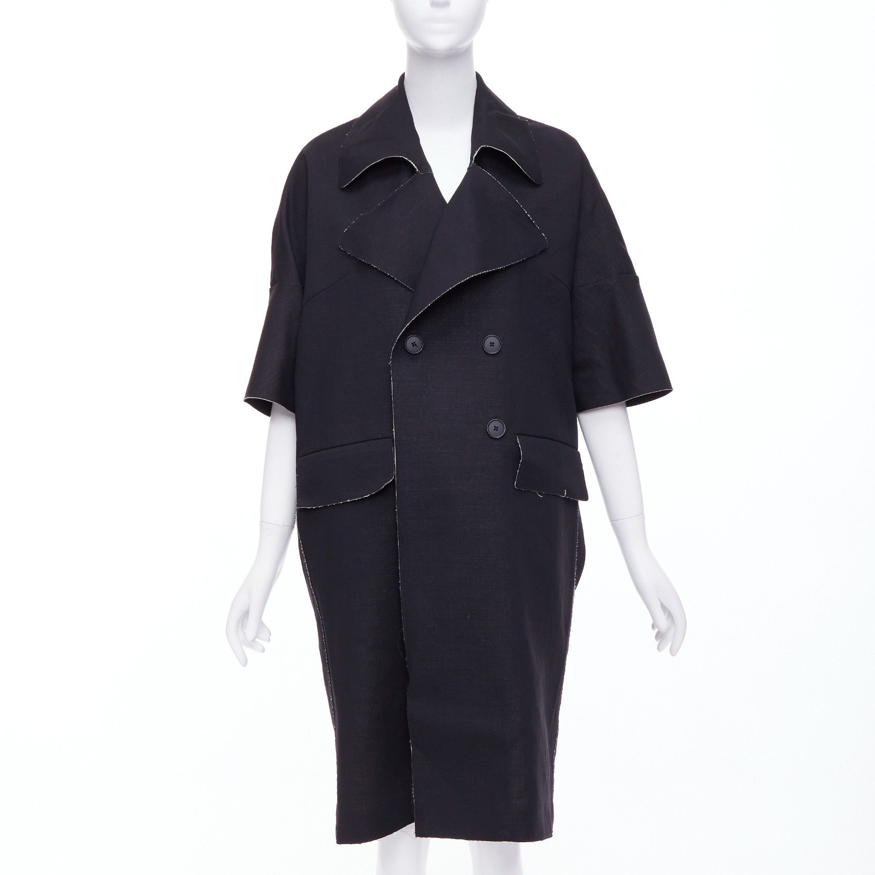 Marni MARNI black wool linen frayed edge double breasted long coat IT38 XS Size XS / US 0-2 / IT 36-38 - 1 Thumbnail
