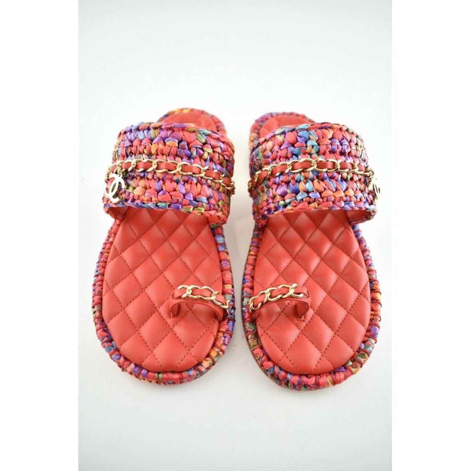 Chanel Chanel 20S Red Blue Purple Raffia Tweed CC Logo Mule Size US 6 / IT 36 - 7 Thumbnail