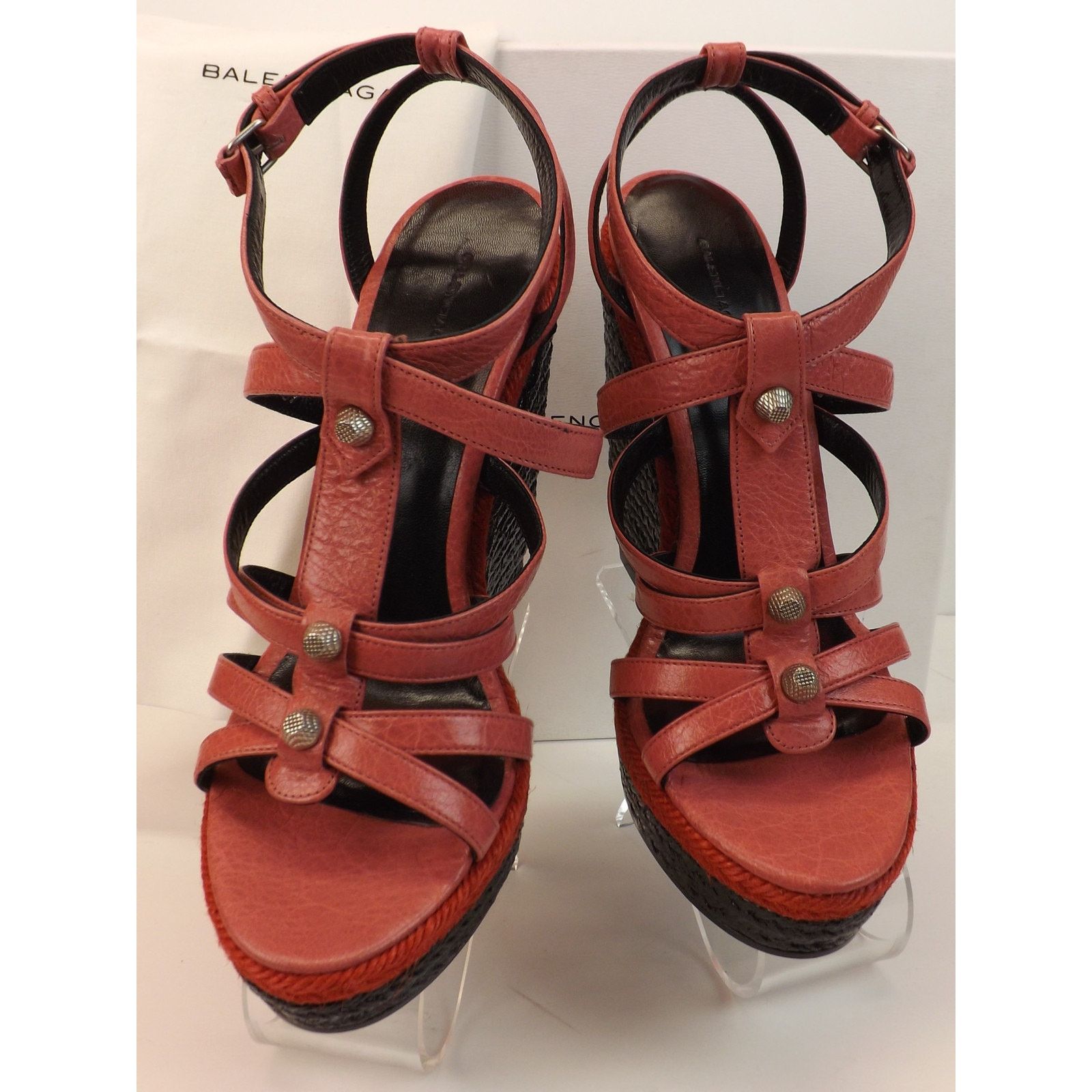 Balenciaga BALENCIAGA ARENA PINK LEATHER WEDGE STUDDED SANDALS 39 $745 Size US 9 / IT 39 - 8 Thumbnail