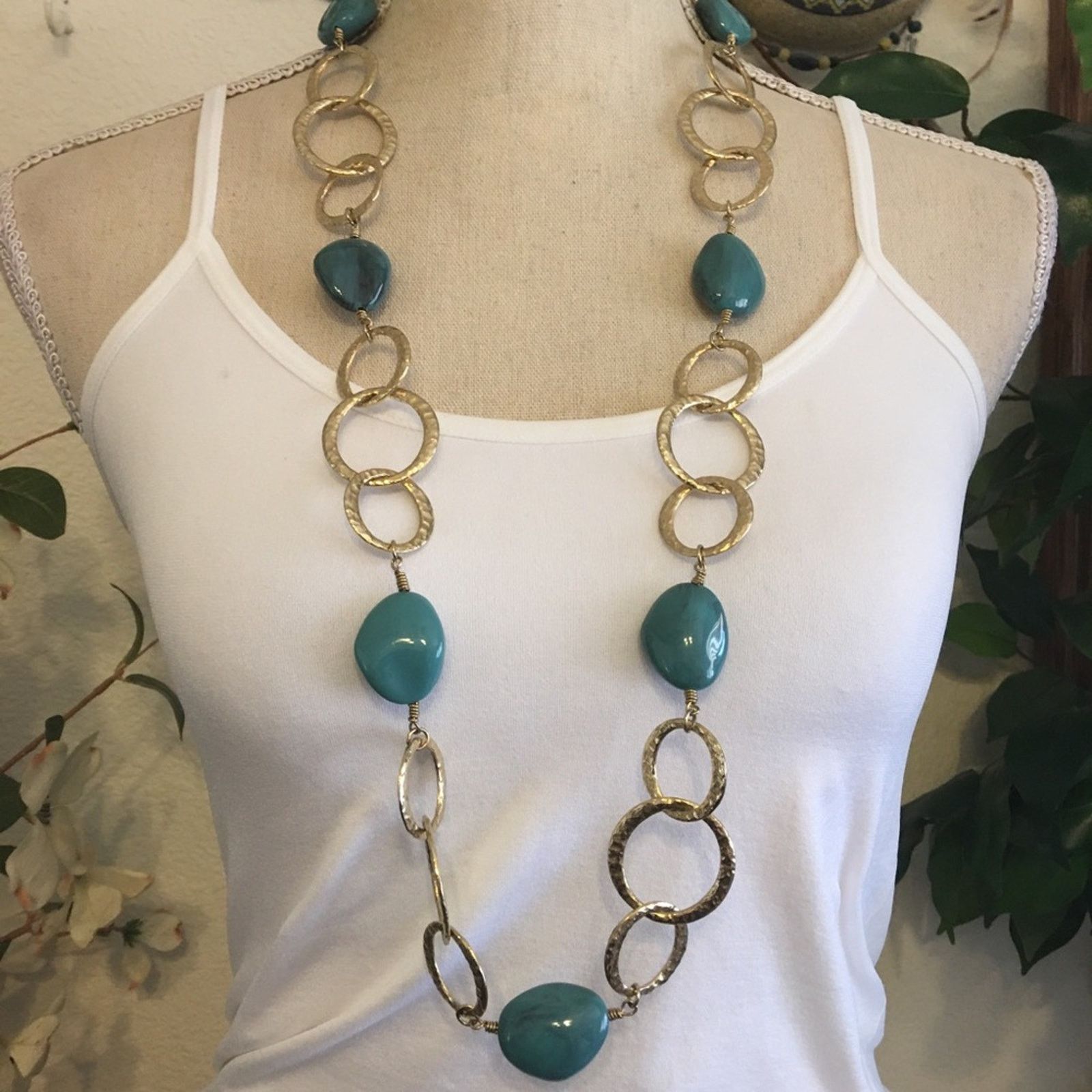 Jewelry Faux turquoise hammered gold disc long necklace Size ONE SIZE - 1 Thumbnail