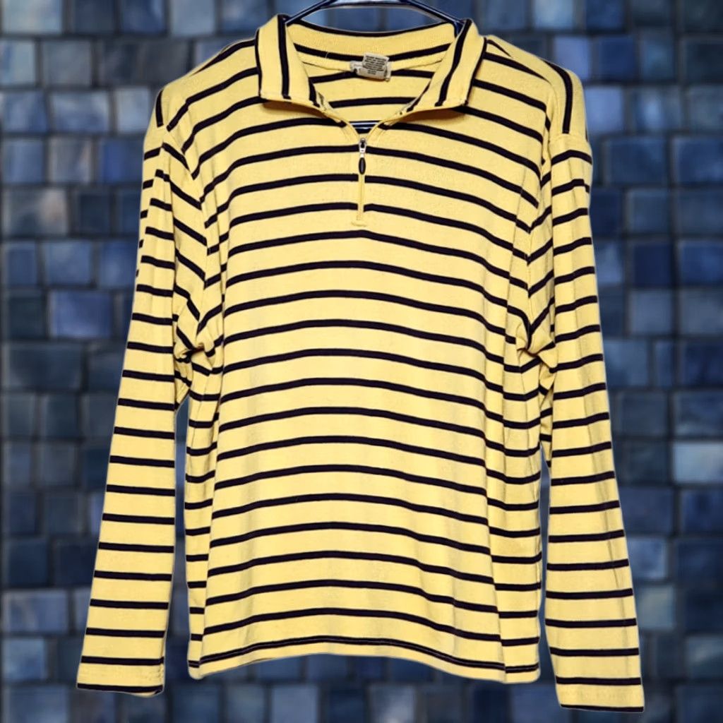 Vintage L.L. Bean Womens L Sweater Pullover Striped 1/4 Zip Mock Neck Long Sleeve Yellow Blue Size L / US 10 / IT 46 - 1 Thumbnail