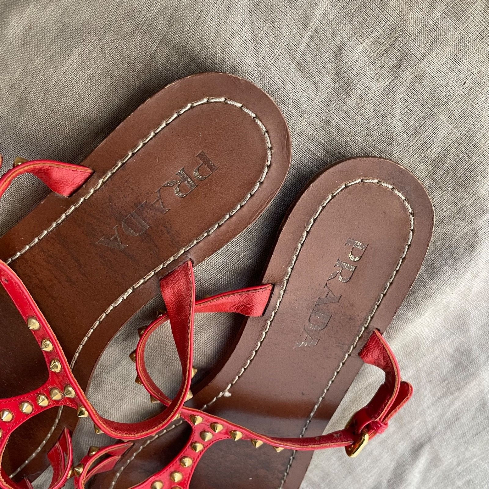 Prada Prada Red Studded Leather Sandals Strappy Flat 9426AC Size US 6.5 / IT 36.5 - 3 Thumbnail