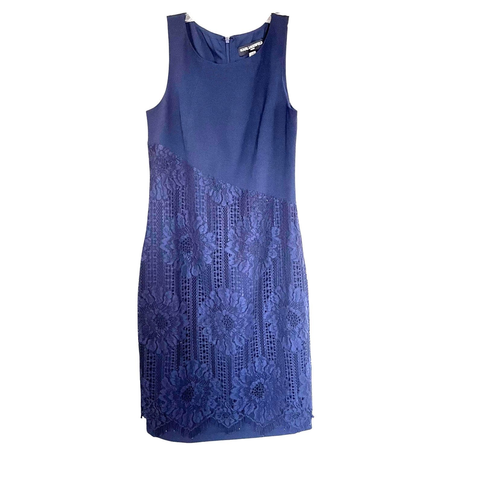 Karl Lagerfeld Karl Lagerfeld Paris Navy Blue Asymmetric Lace Sheath Dress Size M / US 6-8 / IT 42-44 - 1 Thumbnail
