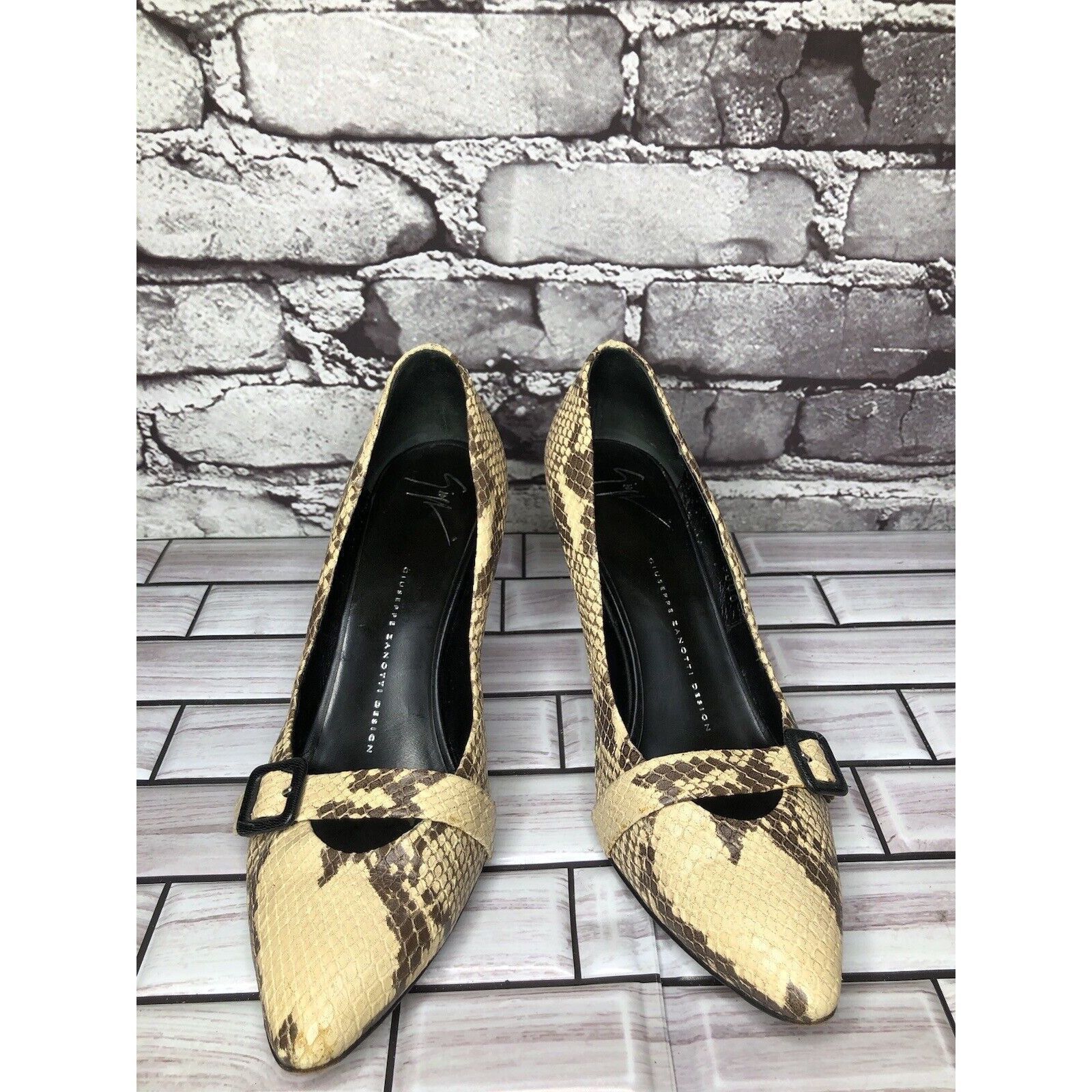 Giuseppe Zanotti Giuseppe Zanotti Cream Leather Black SnakeSkin Pointed Strap Size US 6.5 / IT 36.5 - 9 Thumbnail
