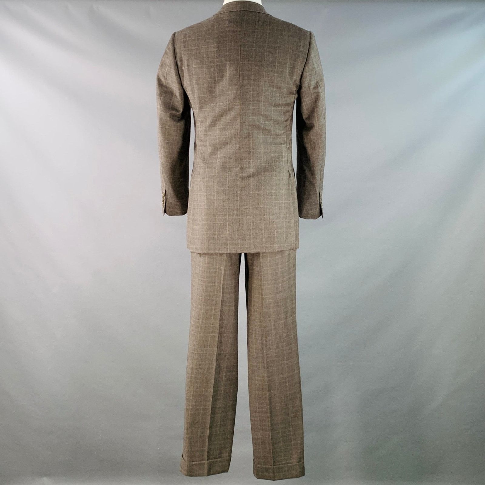 Luciano Barbera LUCIANO BARBERA 38 Brown Plaid Wool Notch Lapel Pleated Suit Size 38R - 3 Thumbnail