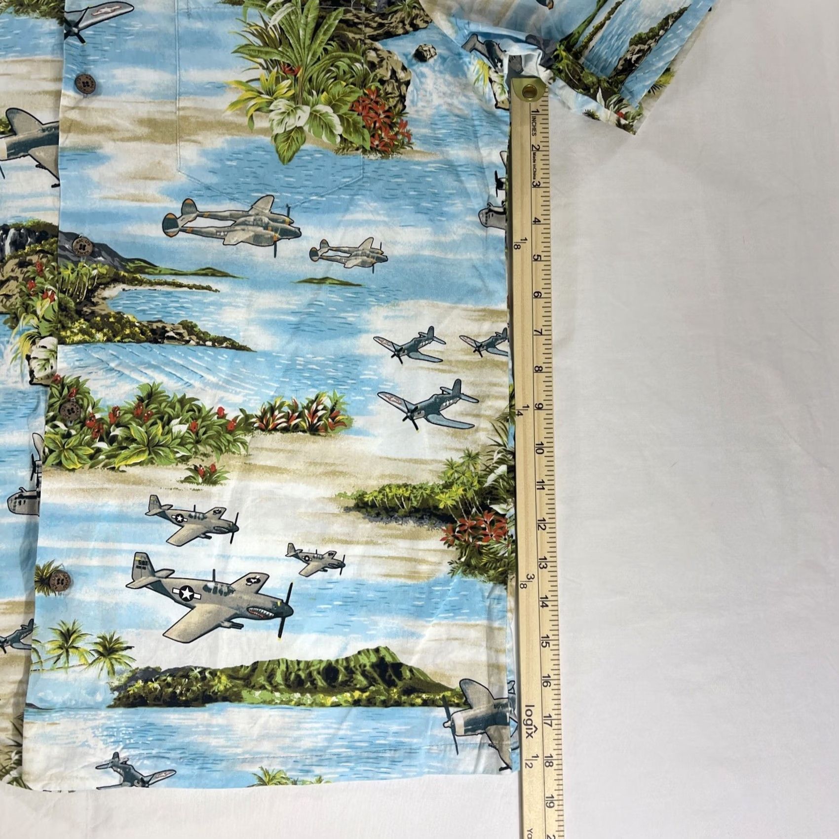 Vintage RJC Hawaiian Button Shirt World War II AOP Fighter Bomber Airplanes WW2 WWII Button-Up Short Sleeve Men's L Blue Cotton Shirt Size US L / EU 52-54 / 3 - 5 Thumbnail