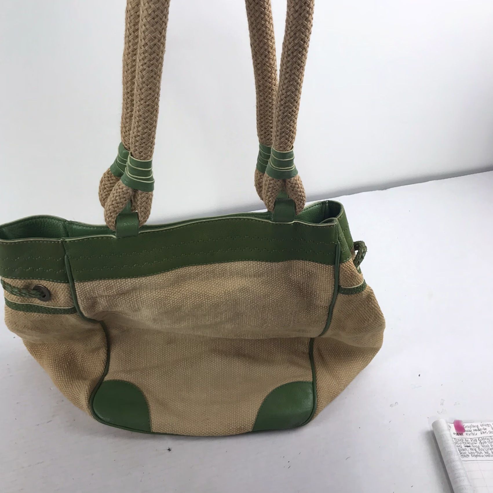 Vintage Kate Landry X-Large Shoulder Bag in Beige/Green Jute & Leather with Studded Accents, Casual/Party/Travel, Womens Size ONE SIZE - 3 Thumbnail