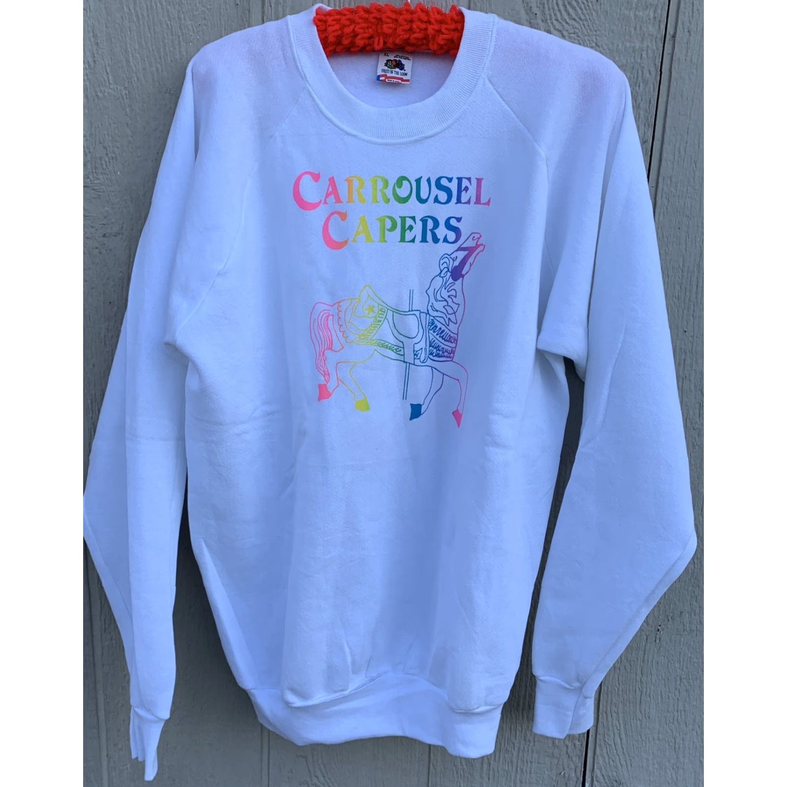 Fruit Of The Loom VINTAGE Fruit of the Loom Raglan Sweatshirt Crew Neck Long Sleeve XL White Neon Carousel Horse Graphic Print Men Size US XL / EU 56 / 4 - 4 Thumbnail