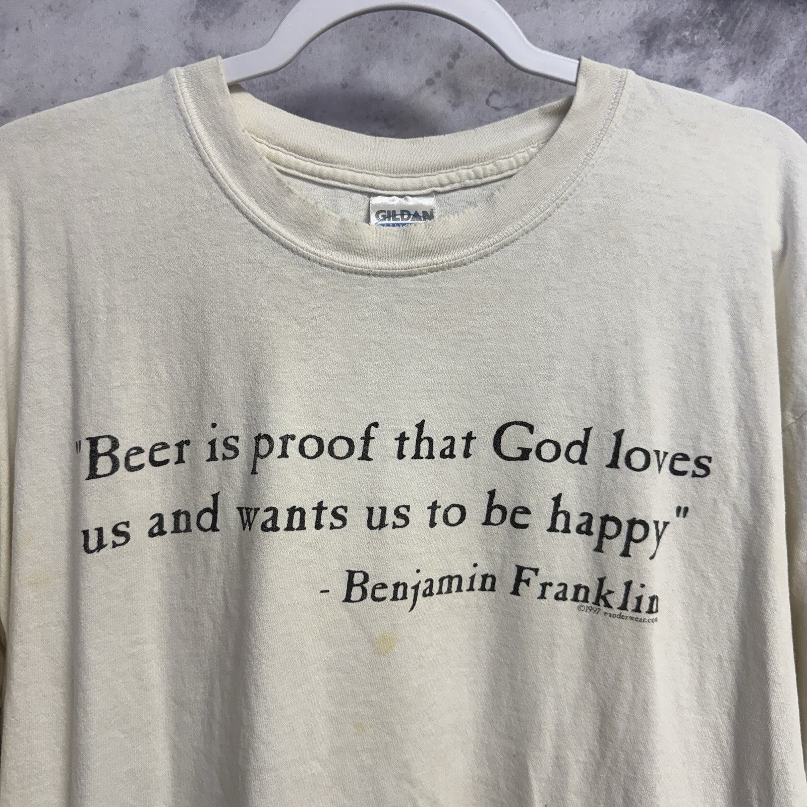 Vintage Vintage 90s Ben Franklin Beer Quote T Shirt Mens XL White Size US XL / EU 56 / 4 - 1 Thumbnail