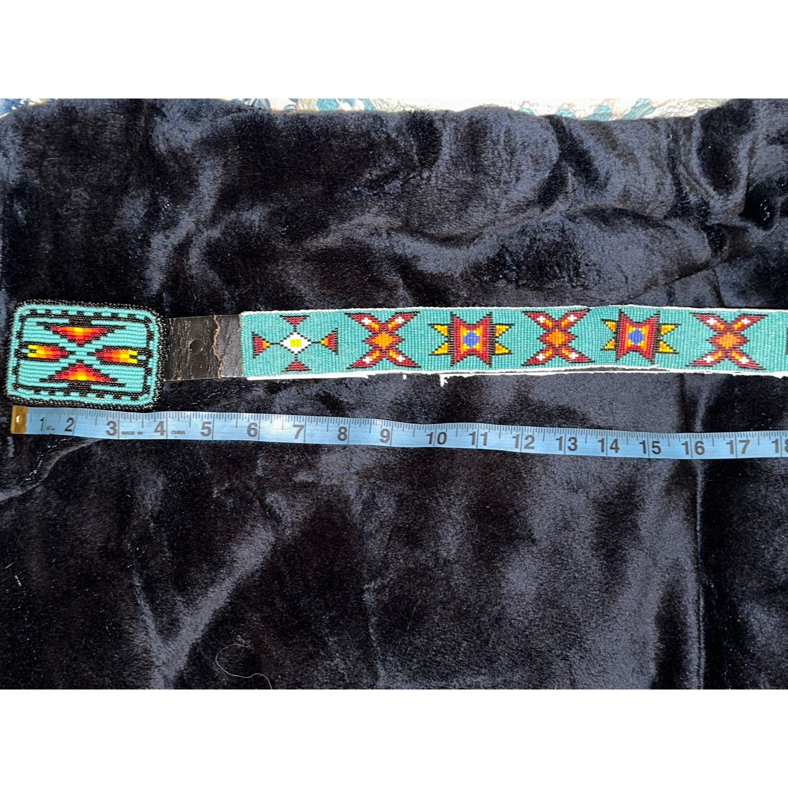 VINTAGE NATIVE TURQUOISE BEADED LEATHER BELT MATCHING BUCKLE display picture 1