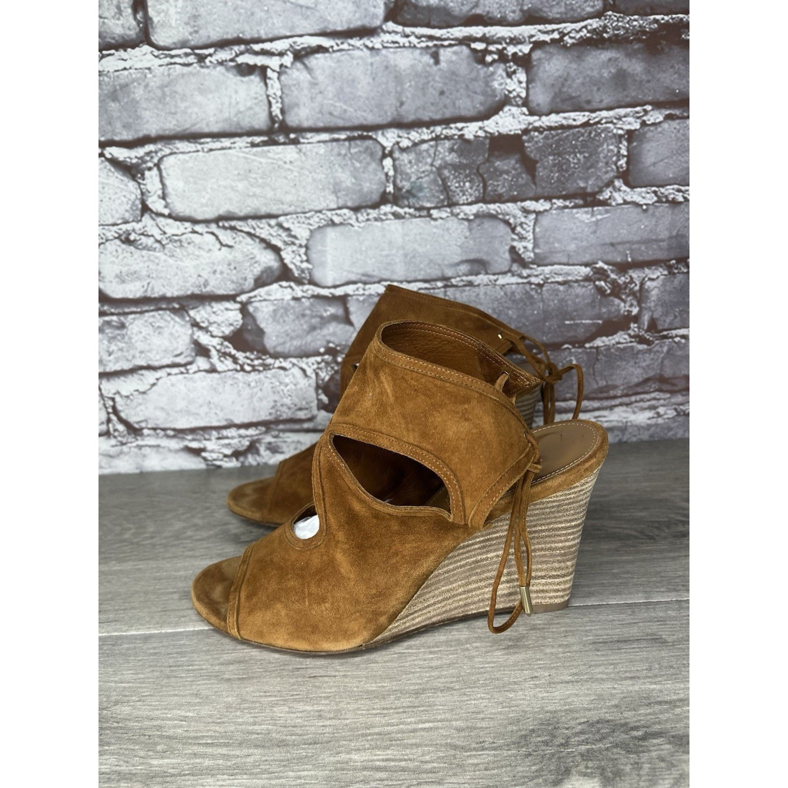 Aquazzura Aquazzura Sexy Thing Camel Ankle Open Toe Lace Up Suede Wedg Size US 7 / IT 37 - 1 Thumbnail