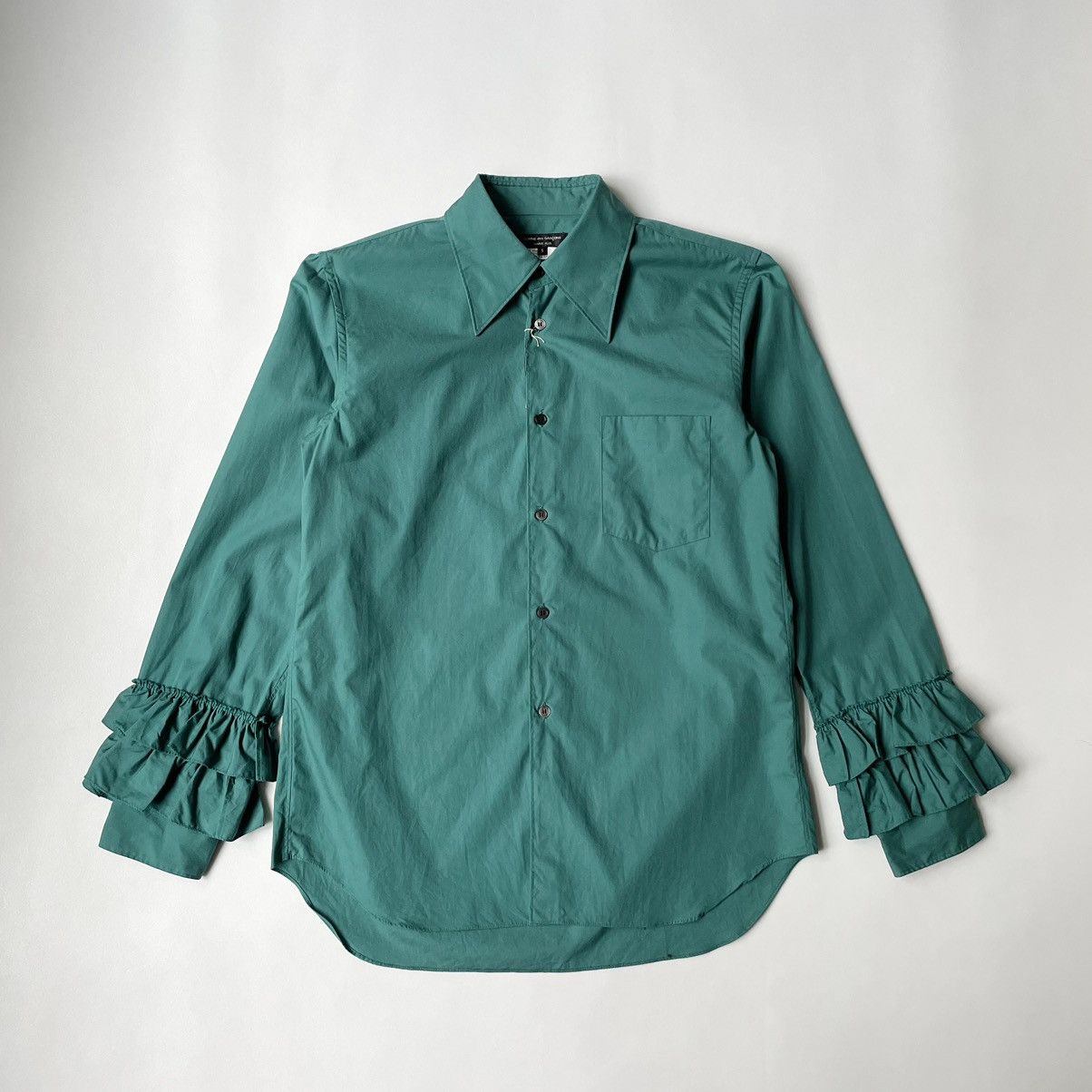 image of Comme Des Garcons x Comme Des Garcons Homme Plus S/s 15 Green Frilled Sleeve Shirt (Size Small)