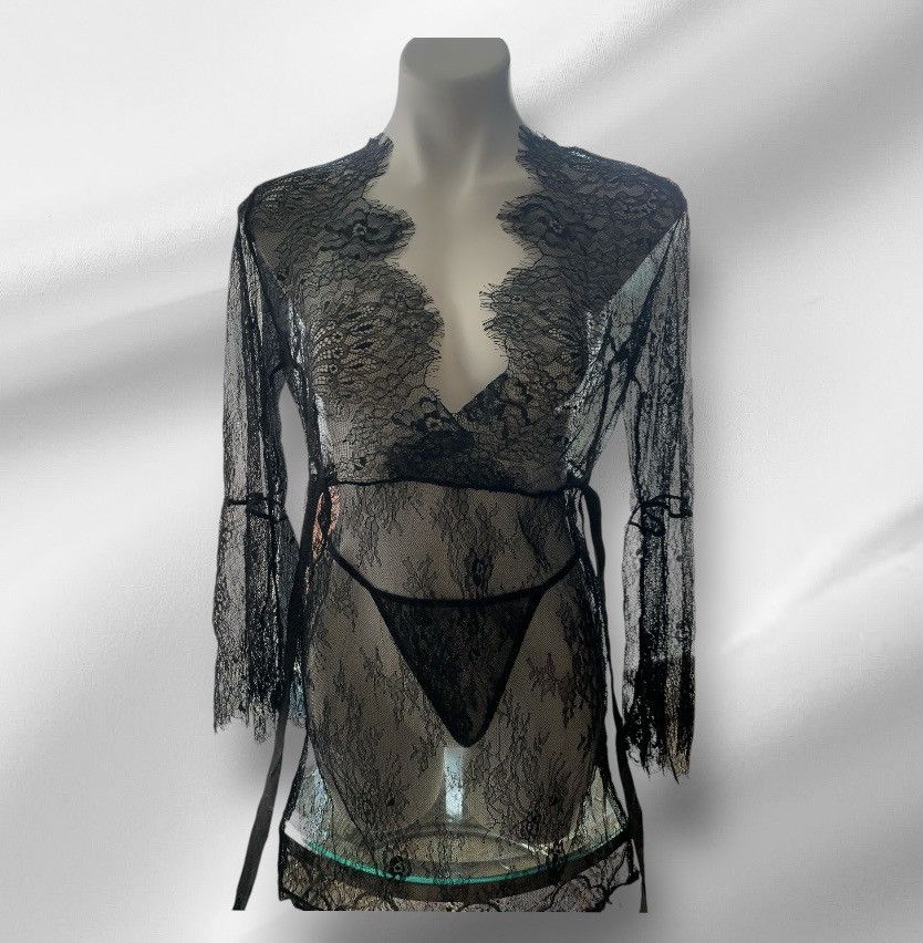 Designer NWT Long Sleeve Sheer Dress Robe Thong Set Black Size M / US 6-8 / IT 42-44 - 6 Thumbnail