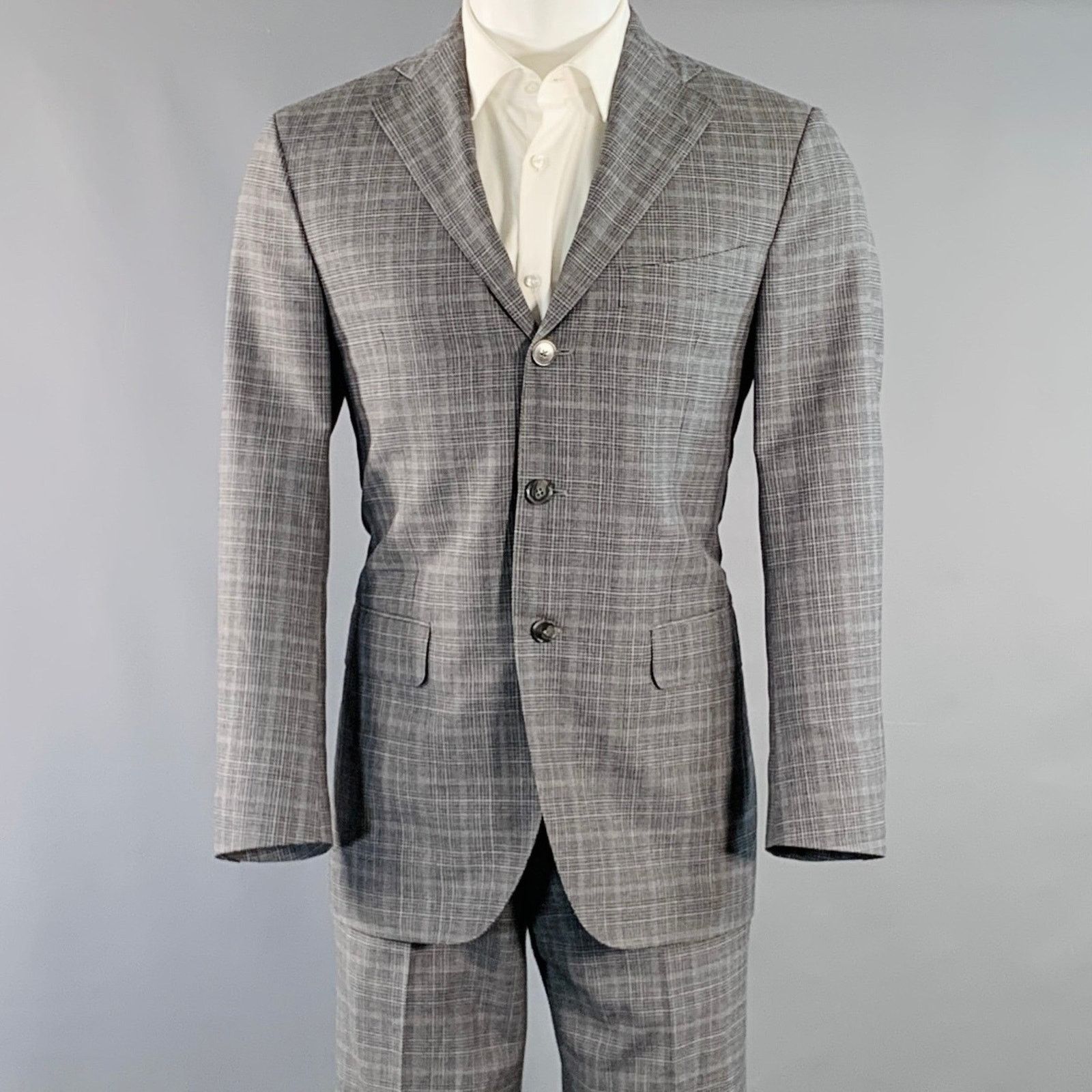 Eidos Napoli EIDOS 38 Regular Grey Charcoal Plaid Wool Notch Lapel Suit Size 38R - 1 Thumbnail
