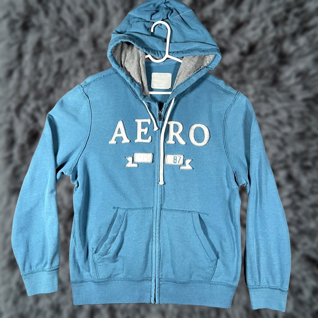 Aeropostale VINTAGE Aeropostale Hoodie Mens L Blue Full Zip AERO 87 Applique Graphic Fleece 90s) Size US L / EU 52-54 / 3 - 1 Thumbnail