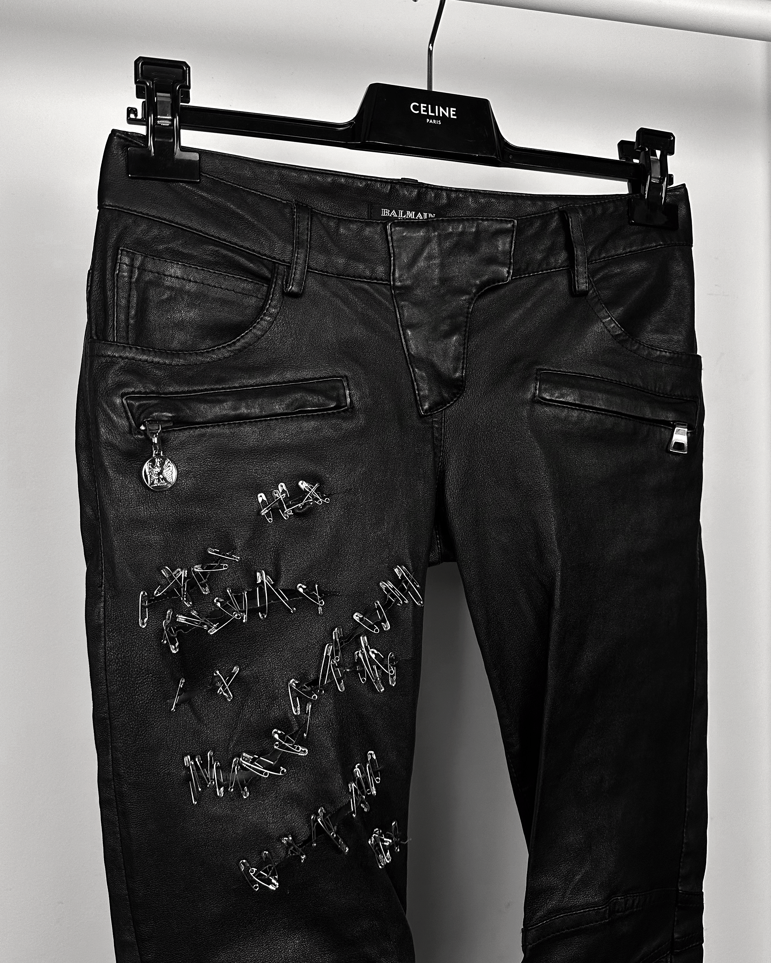 Balmain Balmain Christophe Decarnin Safety Pin Leather Biker Pants Size US 27 - 4 Thumbnail